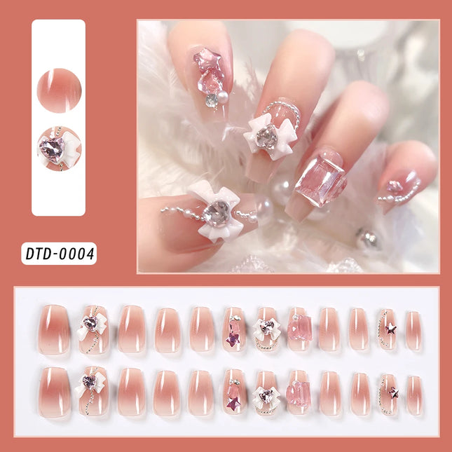 24Pcs Gold Ripple Brown Flowers False Nails with Rhinestones Pearl Design