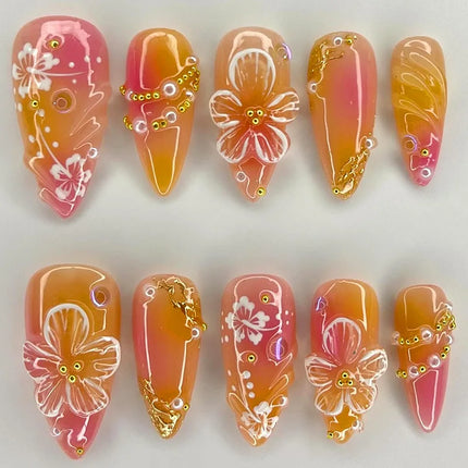 24pcs White Flower Fake Nail Tips Ins Yellow Pink Blush False Nails