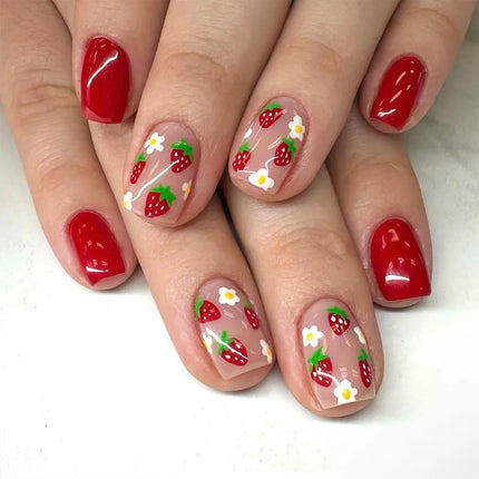 24Pcs Short Almond Press-On Nails Pink Floral French Tip Glossy&Elegant Full Cover