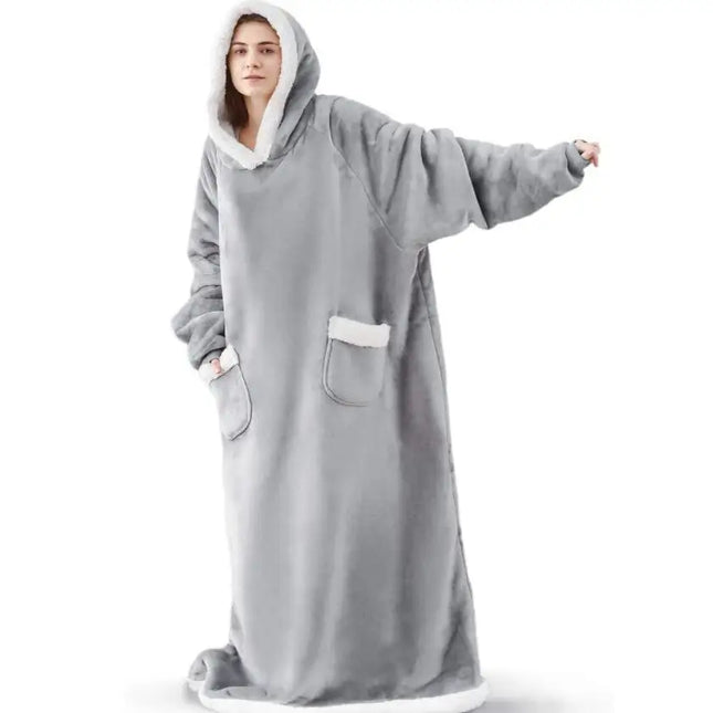 Extra Long Wearable Blankets Winter Flannel Hooded Blanket with Full Sleeves