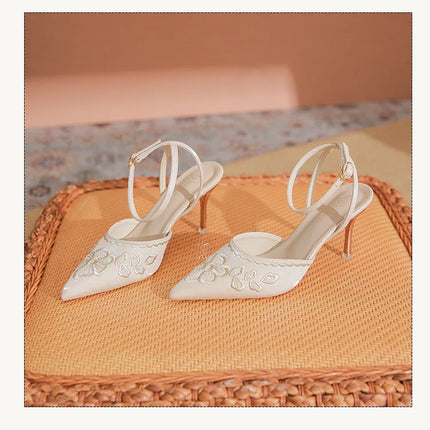Women Fashion Pumps Woman 7cm Flower Heels High Heel Shoes Buckle Strap Silk Shallow Pointed Toe Sandals Lady Wedding Shoe white