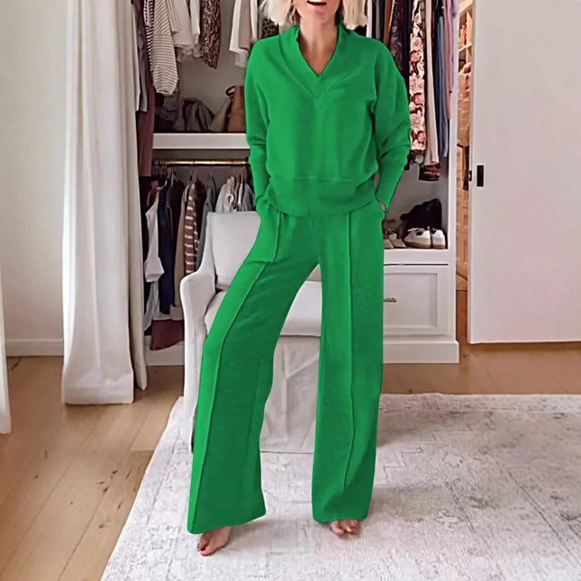 Women's Casual Loose Long Sleeve V-Neck Top Wide Leg Pants Set Autumn Winter Fashion Comfortable