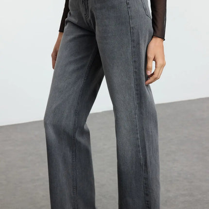 Trendyol TYZA Women's Jeans Casual Beltless Wide Leg Denim Plain Jeans Wide Leg Casual Pants Denim Pants