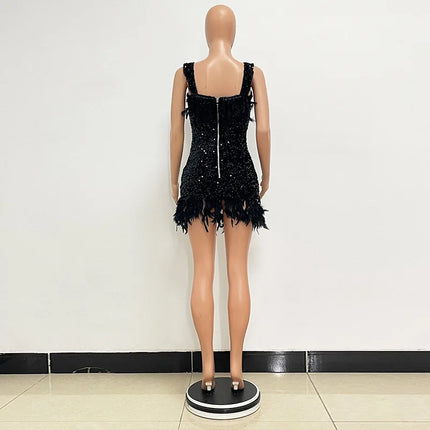 Spring And Summer Women's Clothing MINI Short Solid Color New Wind Sequins Halter Beach Dress One-word Shoulder Feathers Spice G