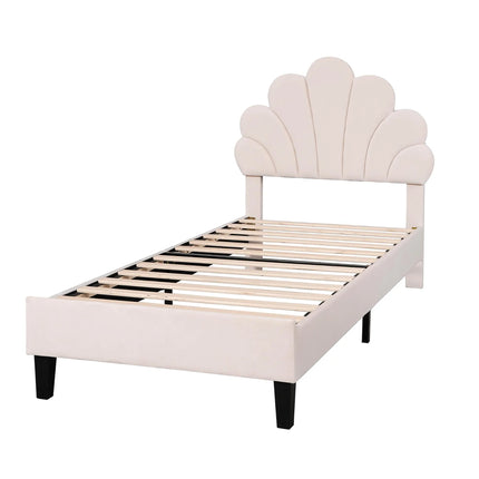 90 x 200 cm Single Bed for Teenagers and Adult , Beige Velvet Fabric with Flower-shaped Headboard and Slatted Frame