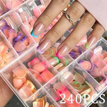 240PCS Candy Color French Short Square False Nails Pink/Green/Purple Full Cover