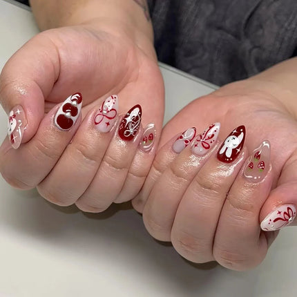 24PCS Wine Red Almond Press on Nails Cartoon Rabbit Bowknot
