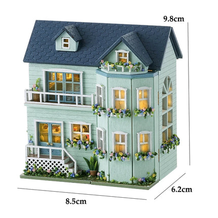 Wooden Doll House Assembly Building Model Pink Princess Villa Architecture Kit 3D