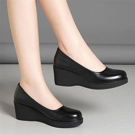 light weight black spring comfort slip on wedge heel shoes lady cool black leather heel