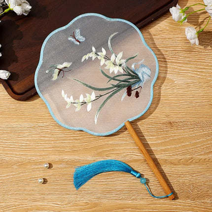 Embroidered Group Fan Ancient Style Fan Summer Long Handled Tassel Dance Hanfu Palace Fan Children's Cheongsam Round Fan