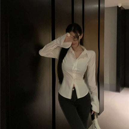 Gidyq Fashion Women Bandage Shirts Korean All Match Streetwear Female Slim Blouse Spring Casual White Bell Sleeve Shirt New