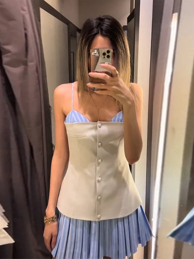 Patchwork Contrast Color Pleated Mini Dress Women Chic Strap Sleeveless Backless Single Breasted Dresses 2025 Spring Lady Robe
