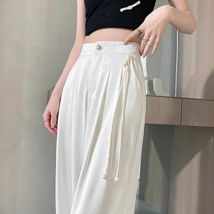 New Chinese Style Jacquard Wide Leg Satin Pants for Women Elegant Solid Office Lady Women's Casual Loose Pants Female