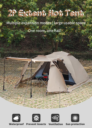 Fireproof 2 Person Winter Tent Hot Tent Waterproof Tunnel Dome Tent with Stove Jack and Snow Skirt for Camping Hiking 4 Season
