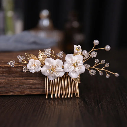 Bridal Wedding Pearl Flower Hairpin Side Comb Golden Leaf Shaped Alloy Tiaras Insert Jewelry Comb Hair Jewelry Bride Headwear