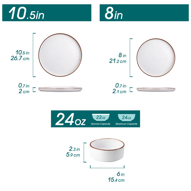 vancasso 12/24 Stoneware Dinneware Set Grey White Plates Dinner Sets Brown Rim wtih 4PCS Dinner plate/Dessert plate/Bowl