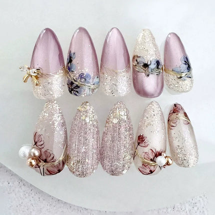 24Pcs Autumn Winter Matte Almond False Nails with Glue Rose