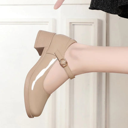 patent leather buckle strap square heel shoes lady comfort office career work pumps