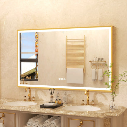LED Bathroom Vanity Mirror Gold Frame Front Lighted Aluminum Rectangle Beveled Edge Tricolors Stepless Dimmable