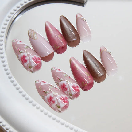 24Pcs Peach Blossom Press on Nails Cat's Eye Nude Glitter False Nail