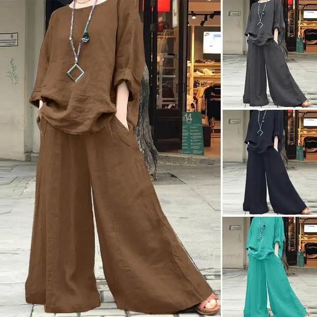 Cotton Linen Set Women's O Neck Long Sleeve Blouses Wide Leg Pants Culottes 2piece Sets