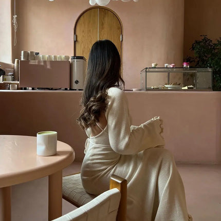 Cryptographic Elegant Knitted Sweater Maxi Dress Outfits for Women Flare Sleeve Sexy Backless Dresses Edible Tree Fungus Clothes