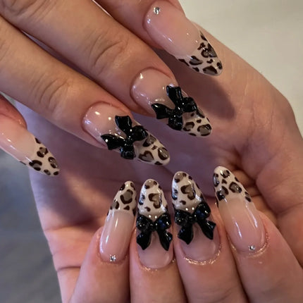 24pcs Leopard Print Almond Fake Press on Nails with Mini Flower Acrylic