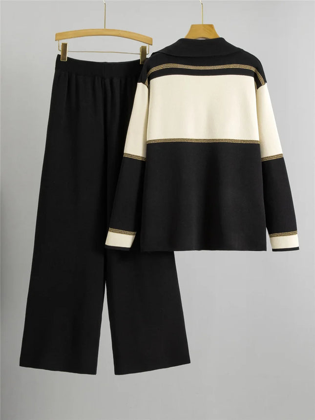 Korean Design Knitted 2 Piece Sets Women Lapel Neck Double Breasted Knitwears Sweater Cardigan Conjuntos High Waist Pants Outfit