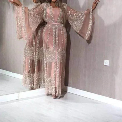 Sequined Maxi Dress with Belt, Large Swing Type, Loose Full Flare Sleeve, Summer Dress, Banquet