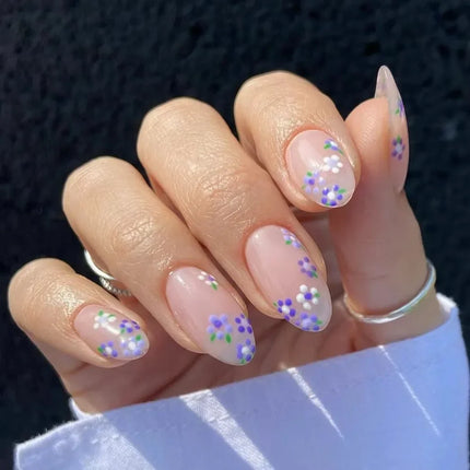 24Pcs Short Almond Press-On Nails Pink Floral French Tip Glossy&Elegant Full Cover
