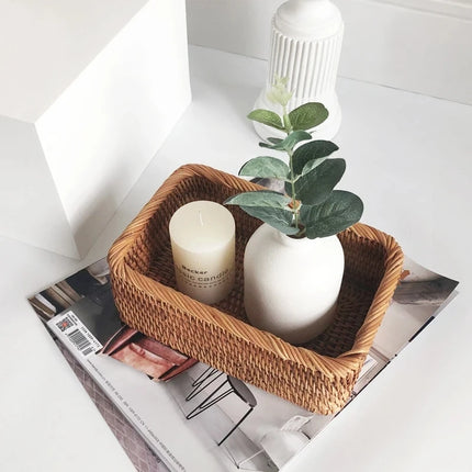 3 size Hand-woven Rattan Wicker Basket Fruit Tea Snack Bread Basket Cosmetic Rectangular Storage Box Household Kitchen Supplies
