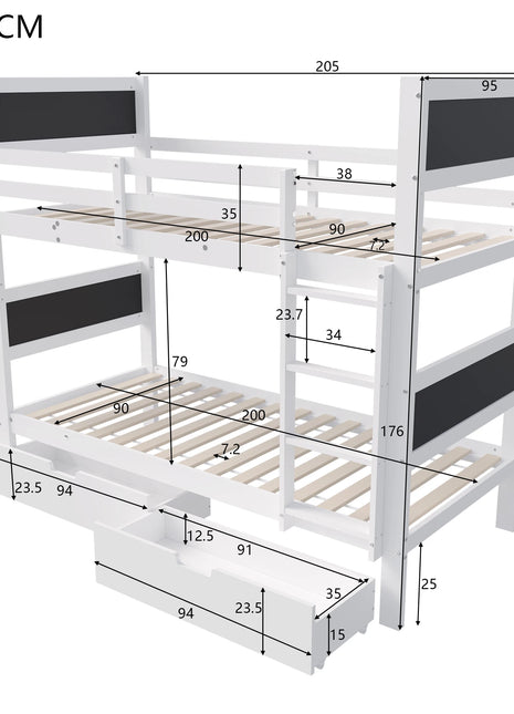 Children's Bunk Bed, Wooden Slatted Bed, With Storage Drawer, Vertical Ladder, Full Protection and Slatted Frames, 90 x 200 cm