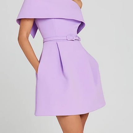 Slash Neck Off The Shoulder Solid Mini Dress, Women Spring Summer Patchwork Simple Party Dress, 2024 Short Sleeve Ladies Dress