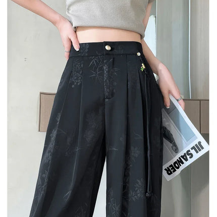 New Chinese Style Jacquard Wide Leg Satin Pants for Women Elegant Solid Office Lady Women's Casual Loose Pants Female