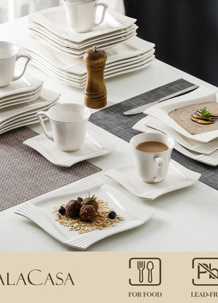 MALACASA Amparo 30/60 Piece White Porcelain Dinnerware Set Cups Saucers Dessert Soup Dinner Plates Service for 6/12 Persone