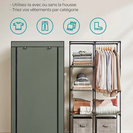 SONGMICS Fabric Wardrobe, Clothes Storage Organiser, 6 Shelves, 1 Hanging Rail, Non-Woven Fabric, Metal Frame, 45 x 88 x 168 cm