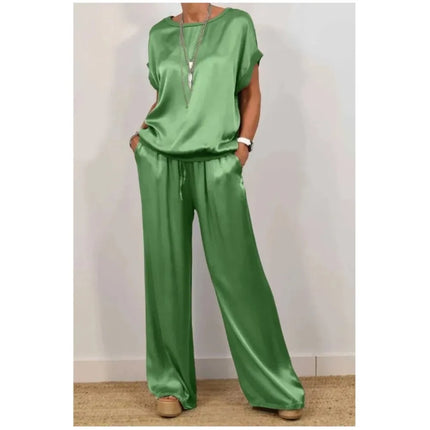 2-piece Set Fashion Satin O Neck T-shirt Top Trousers Summer Retro Elegant Casual Loose Wide
