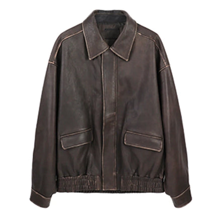Spring Autumn Cool Handsome Retro Oversized Distressed Brown Soft Faux Leather Jackets for Women Zipper Runway Fashion