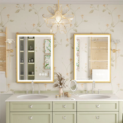 LED Bathroom Vanity Mirror Gold Frame Front Lighted Aluminum Rectangle Beveled Edge Tricolors Stepless Dimmable