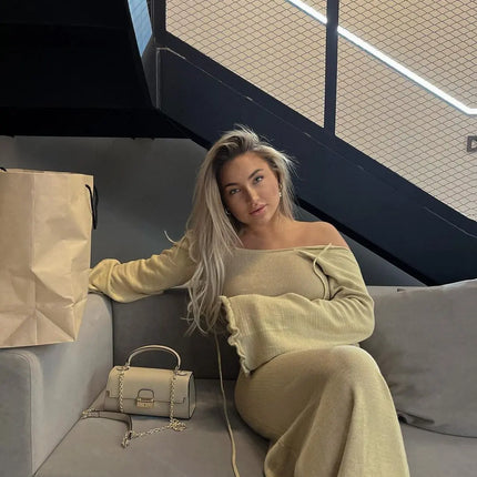 Cryptographic Elegant Knitted Sweater Maxi Dress Outfits for Women Flare Sleeve Sexy Backless Dresses Edible Tree Fungus Clothes