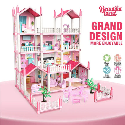 Large Doll House Assembly Villa House 3D Diy Dream Princess Castle Villa Assembly Doll House Set Toy Girl Pretend Family Toy