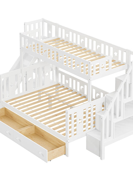 Children bed 90x200/140x200 cm, solid wood bunk bed with slide and shelf with safety levels, trundle bed and slatted frame, White
