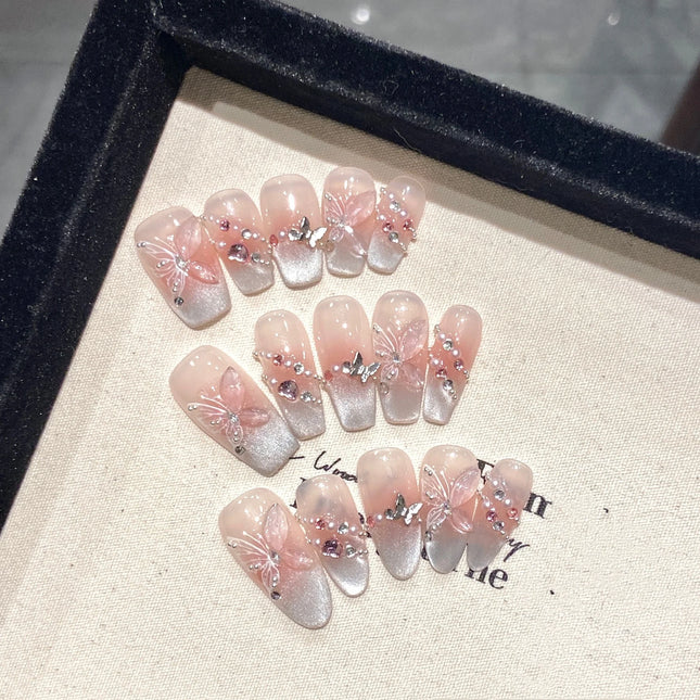 10Pcs Reuse Finished Fake Nails with Butterfly Deisgn Pink Cat's Eye French