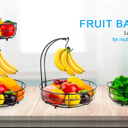 2-Tier Fruit Basket, Metal Fruit Bowl, Bread Baskets, Fruit Holder, Large Fruit Stand Organizer With Banana Hanger, Black