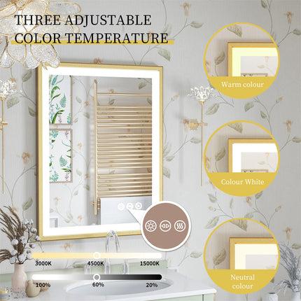 Smart LED Bathroom Mirror Demister Touch Sensor Gold Brushed Brass Frame Anti-Fog Vanity Wall Mirror 3 Sizes