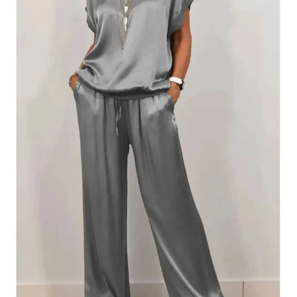 2-piece Set Fashion Satin O Neck T-shirt Top Trousers Summer Retro Elegant Casual Loose Wide