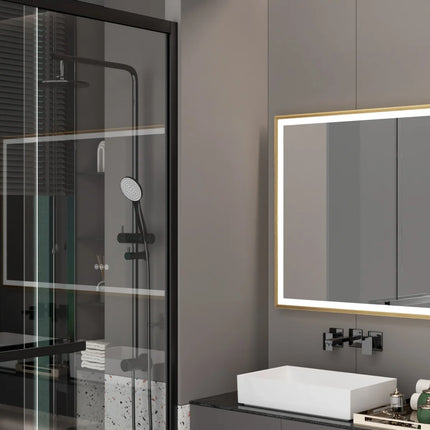 LED Bathroom Vanity Mirror Gold Frame Front Lighted Aluminum Rectangle Beveled Edge Tricolors Stepless Dimmable
