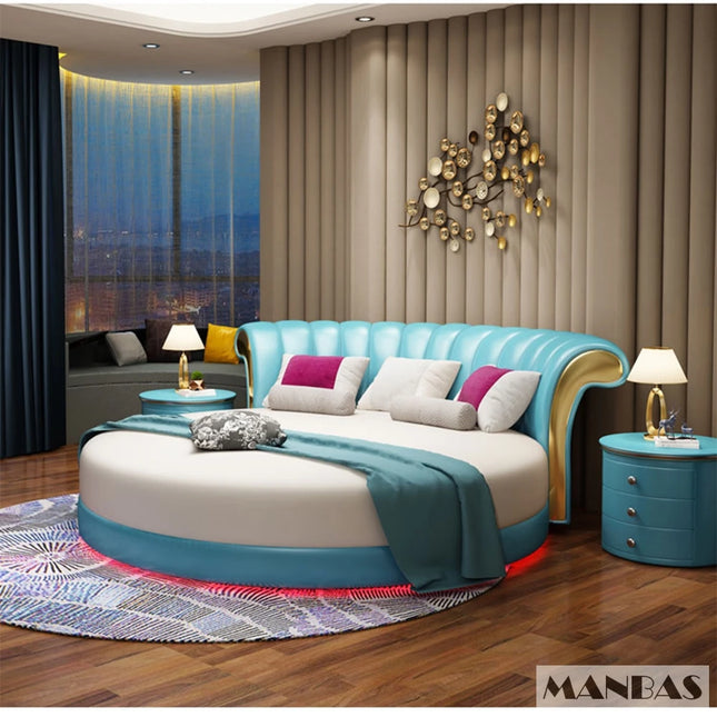 Upgrade Your Sleeping Experience with Linlamlim Round Leather Bed Frame Italian Genuine Leather Double Beds Lit 2 Personnes