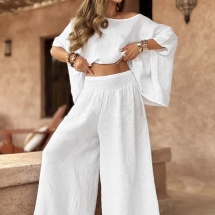 2025 Spring Cotton Linen Women Suit Black Oversize Loose Top Wide-leg Pants Set Female Summer