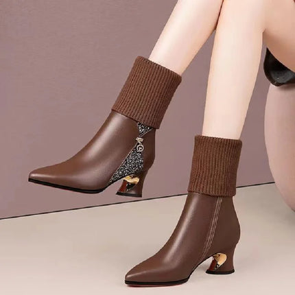 cresfimix women casual high quality brown patent leather autumn & winter warm boots lady elegant black comfort heel shoes ab621